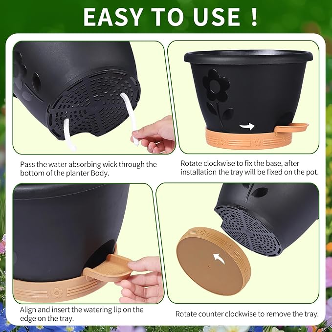 Plant Pots, Flower Pots for Indoor/Outdoor Plants, Self Watering Plastic Planters Pots with Drainage Holes, Saucer & Reservoir, Decorative Nursery Planting Pots(10 Inch Set of 4) (Black) Rootora