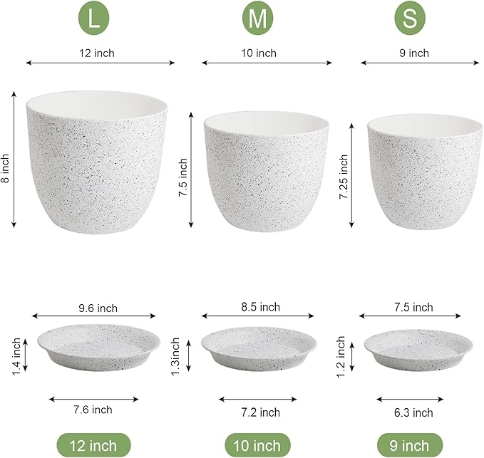 Large Flower Pots 12/10/9 inch, Set of 3 Modern Decorative Plastic Planters with Drainage Holes and Saucers for Garden House Plants, Plant Pots for Indoor Outdoor Plants, Speckled White WSMKSZ