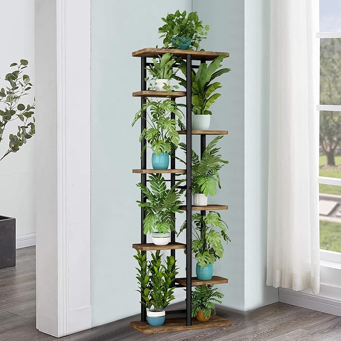 LINZINAR Plant Stand 8 Tier 9 Potted Multiple Flower Pot Holder Shelf Indoor Outdoor Planter Rack Storage Organizer for Patio Garden Corner Balcony Living Room (Black, 8 Tier) LINZINAR