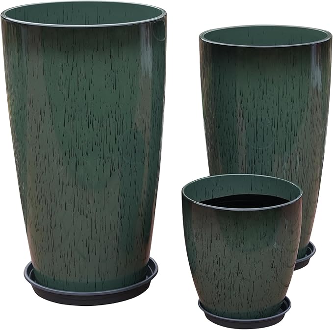 24,21,11 Inch Large Plastic Planters with Drainage Hole and Saucer - Set of 3 Tall Plant Pots Indoor Flower Pot Tall Round Planters Outdoor Large Tall Planter MinCHI257