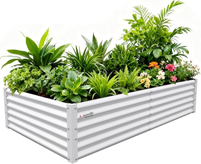 A ANLEOLIFE 6X3X1.5 ft Galvanized Raised Garden Beds Outdoor, Rectangular Metal Planter Box for Planting Vegetables Flowers Herb, Anti-Rust & Easy-Setup, Antique White AAnleolife