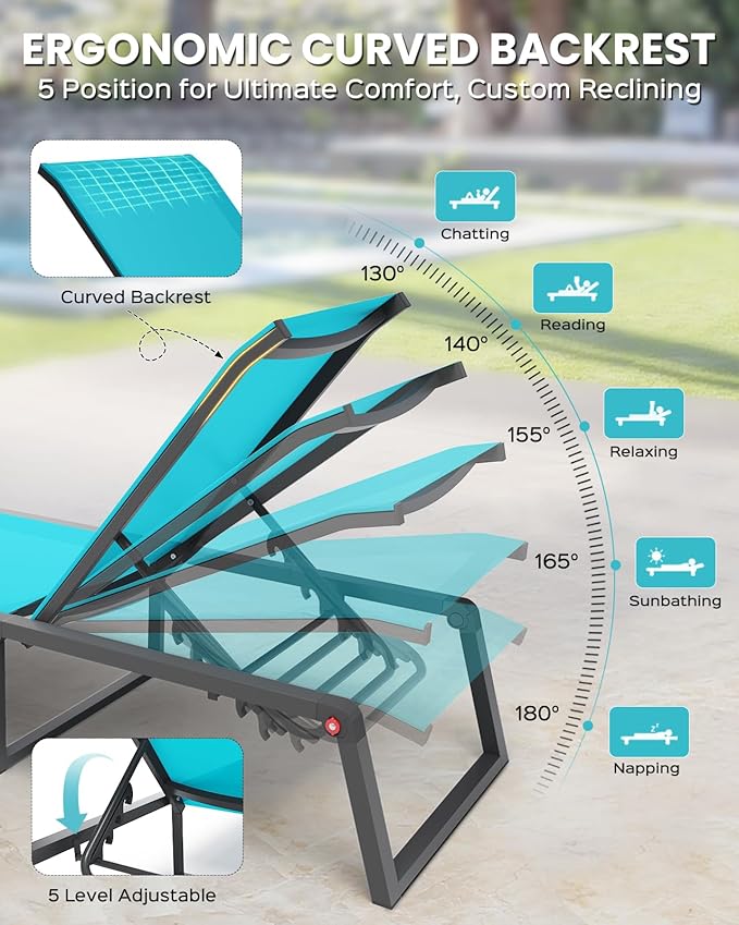 Aluminum Chaise Lounge Outdoor Set of 2, Foldable & Assembly Free Patio Pool Lounge Chairs 5-Position Recliner for Outside Poolside, Fully Grounded Legs Sun Lounger for Beach, Yard, Lake Blue Oasbira