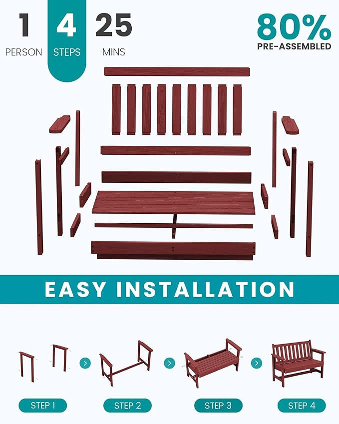 SERWALL Outdoor Bench, HDPE Outdoor Benches Weatherproof, 2-Person Garden Bench with 660 lbs Weight Capacity, Patio Benches for Outdoors, Garden, Porch, Backyard and Park, Red, 6 Pack SERWALL