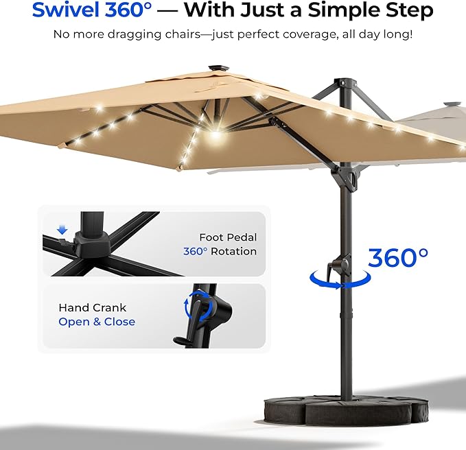 HOMSHADE 10 ft Square Cantilever Patio Umbrella with Base Included, Solar Lights Large Umbrella Outdoor Patio with 360°Rotation&Tilting, LED Lighted Offset Umbrellas w/Stand for Pool Deck HOMSHADE