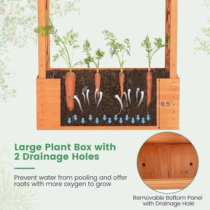 Giantex Set of 2 Raised Garden Bed with 2-Sided Trellis & Hanging Roof, Fir Wood Planter Box w/Drainage Holes, Bottom Gaps, Freestanding Garden Planter for Flowers Herbs Climbing Vines (31"x12.5"x60") Giantex