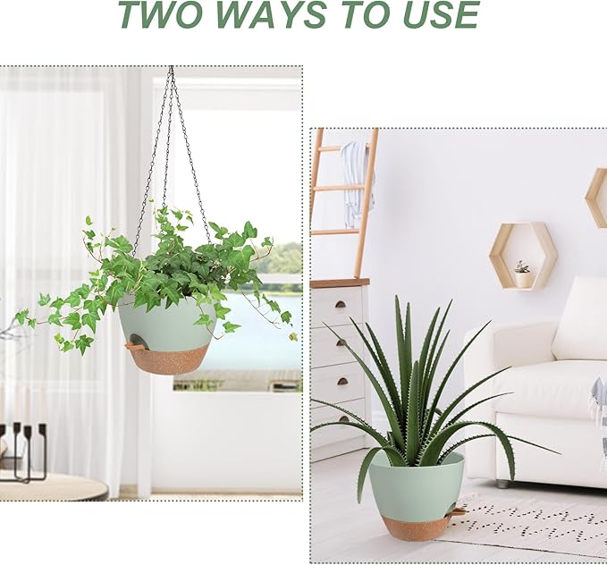 Hanging Planters for Indoor Outdoor Plants, 1 Set Self Watering Hanging Pot with Drainage Holes & Removable Tray (Green-12inch, 12'') Vanslogreen