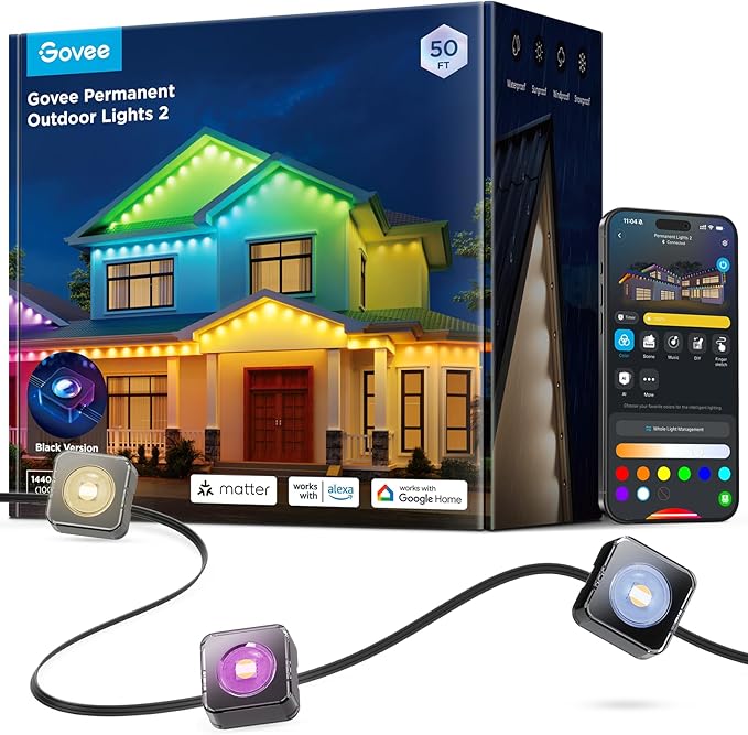 Govee Permanent Outdoor Lights 2, 50ft RGBIC Outdoor Lights with 36 LED Lights, IP67 Waterproof, 100 Scene Modes with 40lm White for Outdoor Decorations, Works with Alexa, Google Assistant, Black Govee
