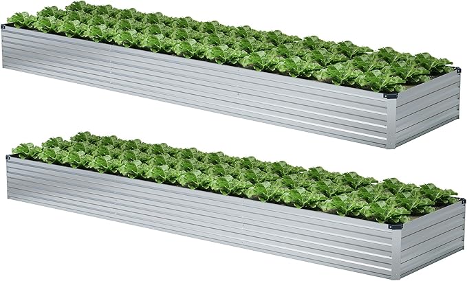 2 Pack 12x4x1FT Galvanized Raised Garden Bed Kit, Outdoor Metal Planter Box for Vegetables, Bottomless Rectangular Gardening Bed with Support Rods, Tool-Free Assembly, Silver Meberam