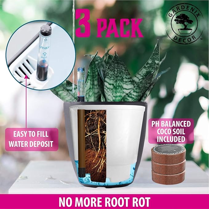 GARDENIX DECOR 7'' Self Watering planters for Indoor Plants - with Water Level Indicator for Flower Pot , Grow Tracking Tool - Coco Coir - Gray 3 Pack Rootora