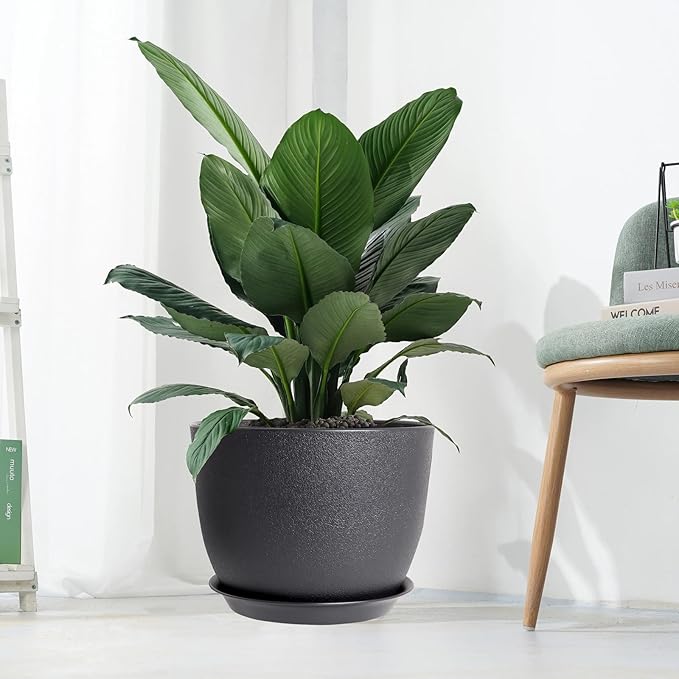 12inch Large Plant Pot, Modern Plastic Planter with High Driange Holes and Saucer for Indoor Outdoor Garden Plants and Flowers, Black UOUZ