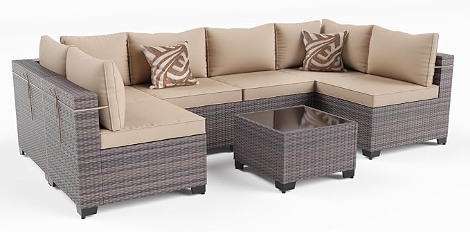 Kullavik 7 Pieces Outdoor Patio Furniture Set PE Wicker Rattan Sectional Sofa Patio Conversation Sets,Sand KULLAVIK