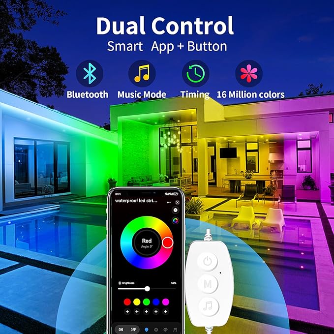 KSIPZE Outdoor LED Rope Lights,IP68 Waterproof Outside Led Lights with Smart App,Music Sync RGB Exterior Led Strip Lights for Roof，Balcony,Deck,Pool (40ft) KSIPZE