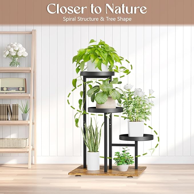 iDavosic.ly 3 Tier Plant Stand Indoor, Tiered Corner Flower Holder Shelf Outdoor, Metal Tall Orchid Display Rack for Patio Porch Garden Balcony Office Living Room, Modern Black & Rustic Brown iDavosicly