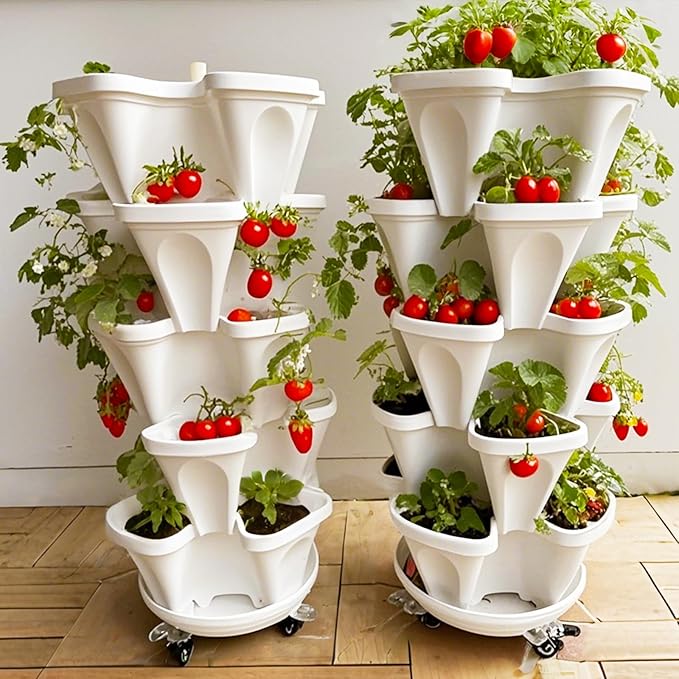 7 Tiered Strawberry Planters 3 Pack, Vertical Stackable Planter, Herb Stacking Tower Garden, Flower and Vegetable Planters with Support Pole Indoor & Outdoor with Removable Wheels - White Lykvrii