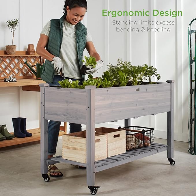Best Choice Products Raised Garden Bed 48x24x32-inch Mobile Elevated Wood Planter w/Lockable Wheels, Storage Shelf, Protective Liner - Gray BestChoiceProducts