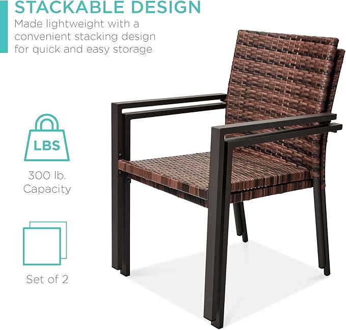 Best Choice Products Set of 2 Stackable Outdoor Wicker Dining Chairs All-Weather Firepit Armchair w/Armrests, Steel Frame for Patio, Deck, Garden, Yard - Light Brown BestChoiceProducts