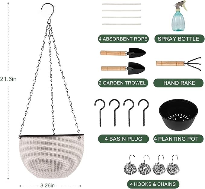 4 Sets of 8.2 Inch Self Watering Hanging Planter Flower Pots, Suitable for Indoor and Outdoor Plant Flower, Basket Flower Pots with Hanging Chains, Spray Bottles, Planting Tools, Hook (White) Rootora