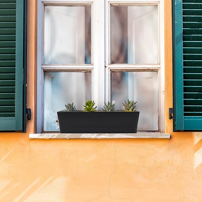 GREANER 3PCS 16x3.8 Inch Window Boxes Planters, Black Rectangle Planters Box with Drainage Holes and Trays, Herb Succulents Flowers Plastic Pot for Windowsill, Garden, Balcony, Indoor, Outdoor Decor GREANER