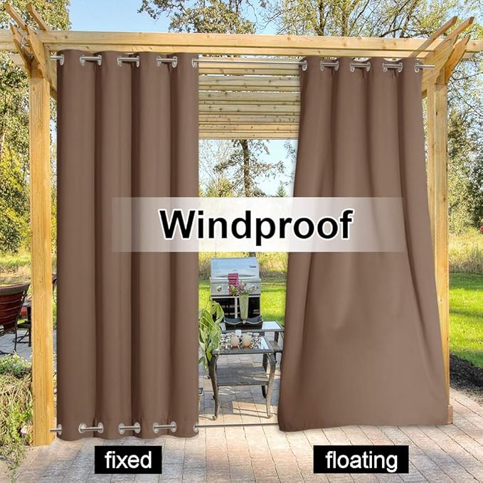 NICETOWN Outdoor Patio Curtains Windproof & Waterproof 2 Panels, Grommet Top & Bottom Wind-Break Thermal Insulated Blackout Extra Wide Weighted Gazebo Blinds for Yard/Porch, Tan, W84 x L108 NICETOWN