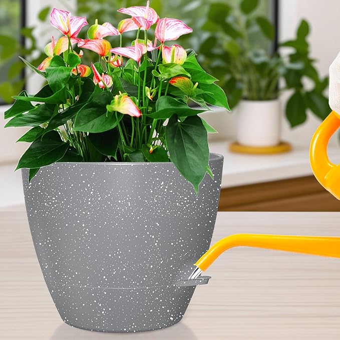12 Inch Large Self Watering Pots, Flower Pots with Multi-Mesh Drainage Holes and Saucer, Planters for Indoor and Outdoor Garden Plants (Speckled Grey) Rootora