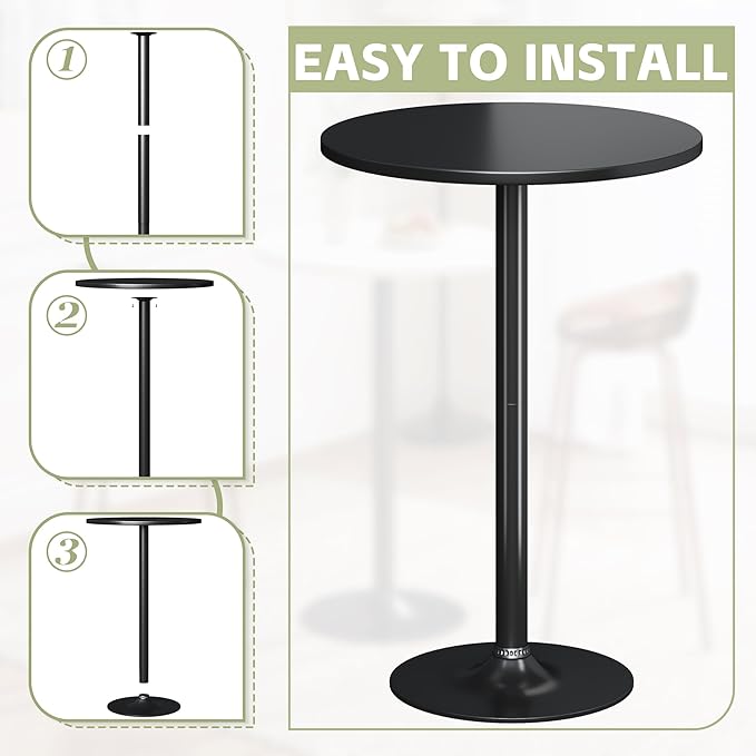 Flamaker Round Bistro Pub Table Modern Style Metal Base MDF Top Cocktail Bar Table Counter Bar Height for Pub, Dining Room, Party (2, Full Black) Flamaker