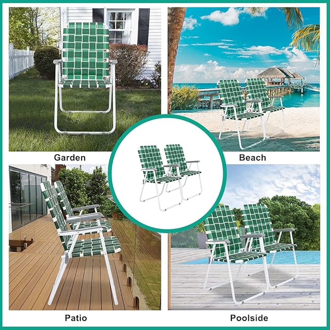 VINGLI Patio Lawn Webbed Folding Chairs Set of 4, Outdoor Beach Chair Portable Dining Chair for Outdoor Yard, Garden (Dark Green, Classic) VINGLI