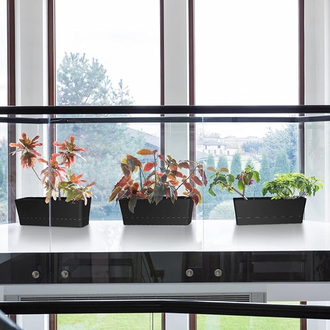 Window Box Planter with Tray, 12" Rectangle Plant Pot, Pack of 3 (Black) Sanbege