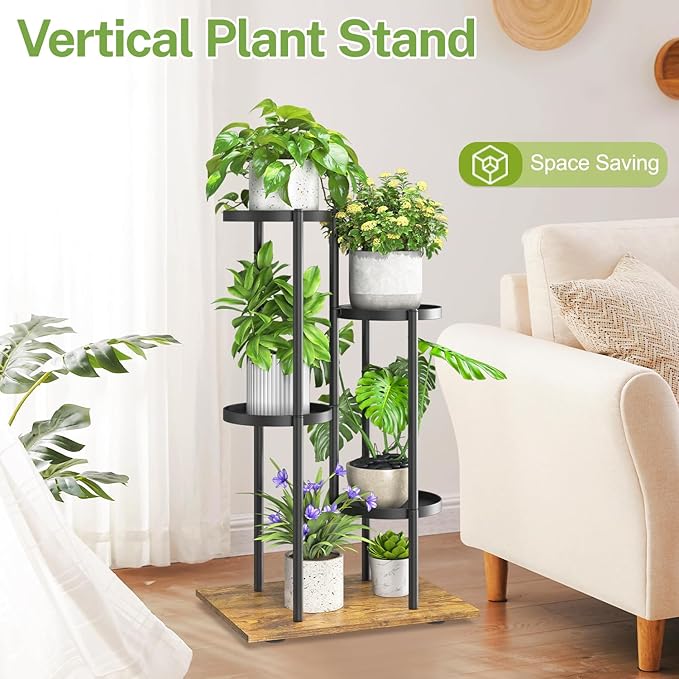 iDavosic.ly 4 Tier Plant Stand Indoor Outdoor, Tiered Corner Multiple Flower Pot Holder Shelf, Metal 30 Inch Tall Display Rack for Patio Porch Living Room Garden Balcony, Modern Black & Rustic Brown iDavosicly