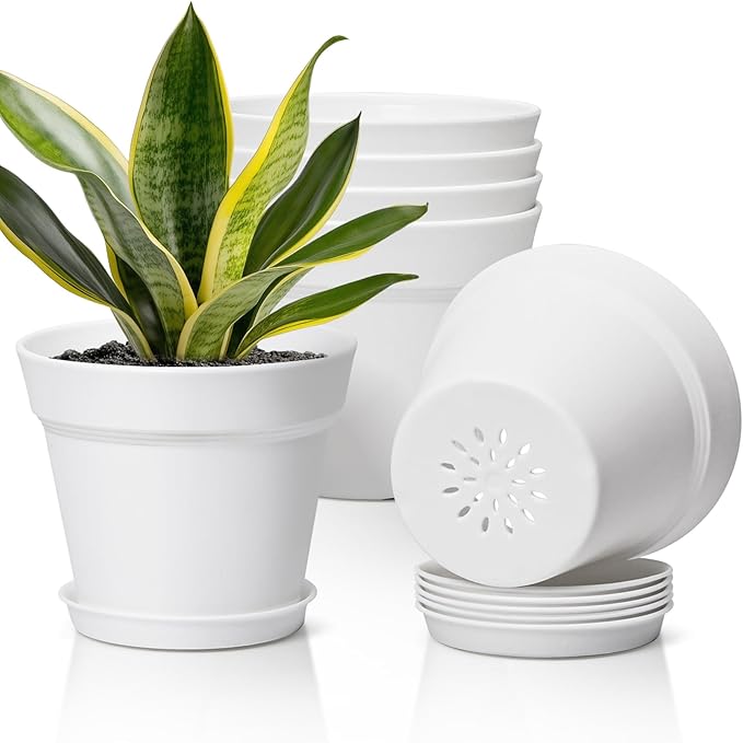 T4U 7.5 Inch Plant Pots 6 Pcs, Flower Pots for Plants, Plastic Planter Pots for Indoor Plants with Drainage Holes and Saucer (6 Pcs, 7.5", White) T4U