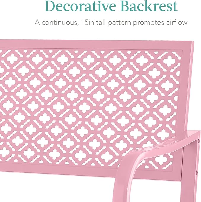 Best Choice Products Outdoor Bench 2-Person Metal Steel Benches Furniture for Garden, Patio, Porch, Entryway w/Geometric Backrest, 790lb Capacity - Pink BestChoiceProducts