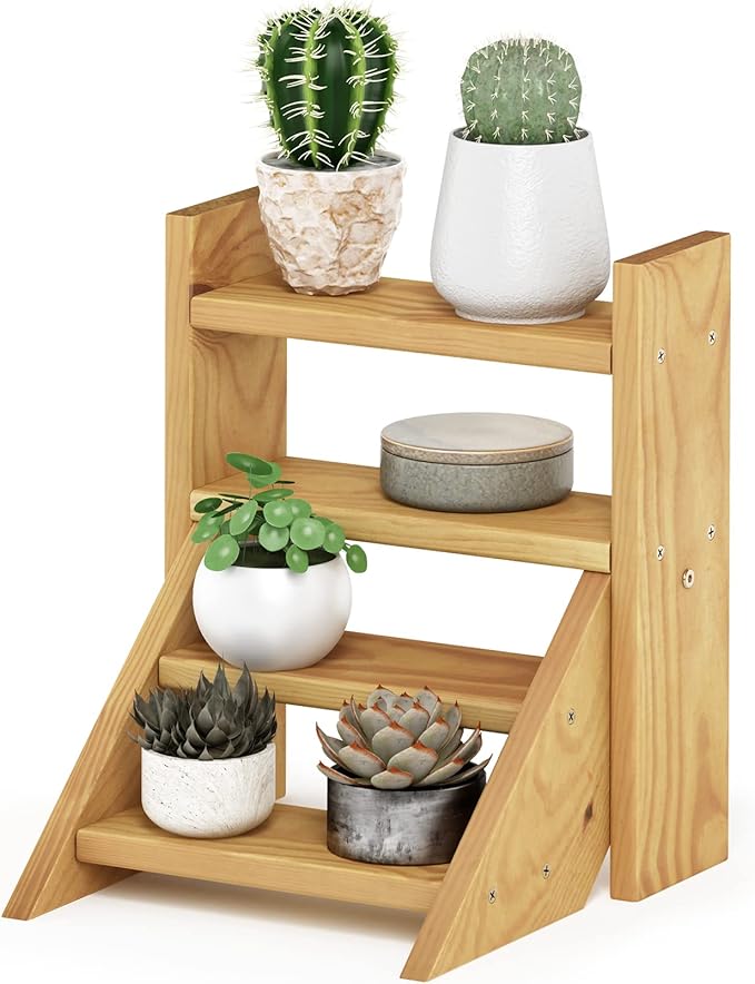 Furinno TIOMAN Plant Stand Indoor Outdoor, Tabletop Mini Ladder Planter Stand, Planter Shelf, Organizers, Indoor, Outdoor, Patio, Balcony, Garden, Pine Wood Furinno-FitsYourSpaceFitsYourBudget
