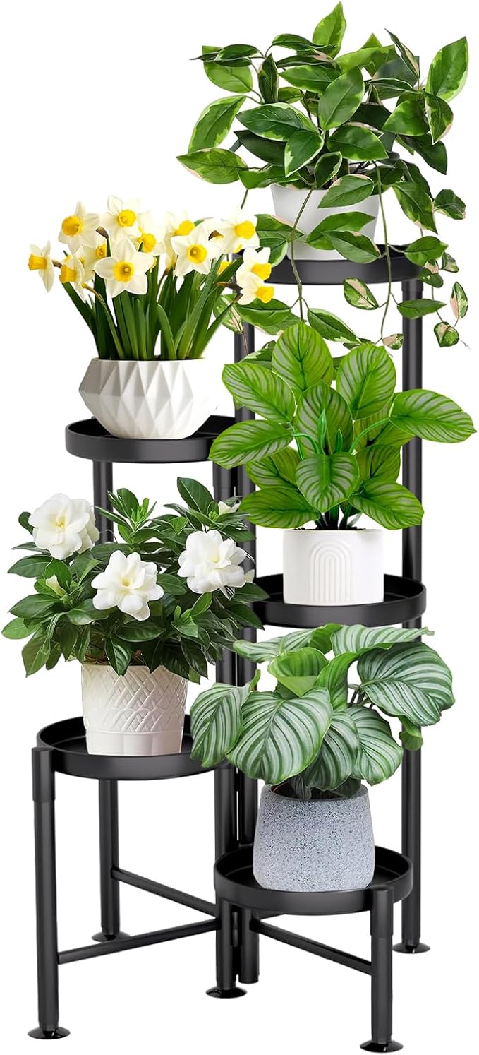 5 Tier Plant Stand Indoor, Metal Corner Plant Shelf Outdoor, Foldable Tall Plant Rack for Mutiple Plants, Flower Pot Holder Display Stand for Living Room Patio Home Decor for Gatdening KISENG