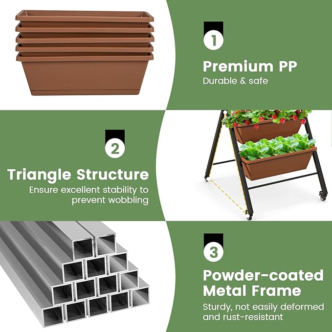 Giantex 2 Pcs Vertical Planter Raised Bed on Wheels, Elevated Garden Beds with Water Drainage Hole, Freestanding 5 Container Boxes for Herb Vegetables Flowers Growing, Outdoor Indoor Patio Balcony Giantex