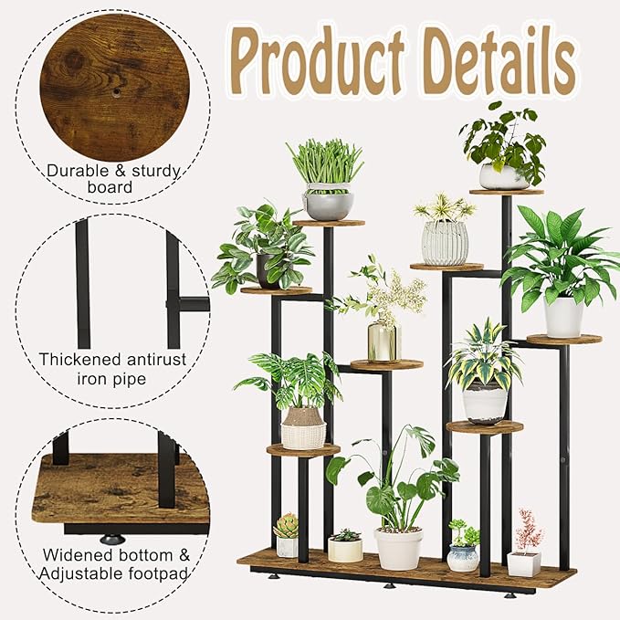 Plant Stand Indoor 9 Tier 11 Potted Multiple Flower Pot Holder for Patio Garden Balcony Living Room Corner (9 Tier Black+Rustic Brown) INGIORDAR