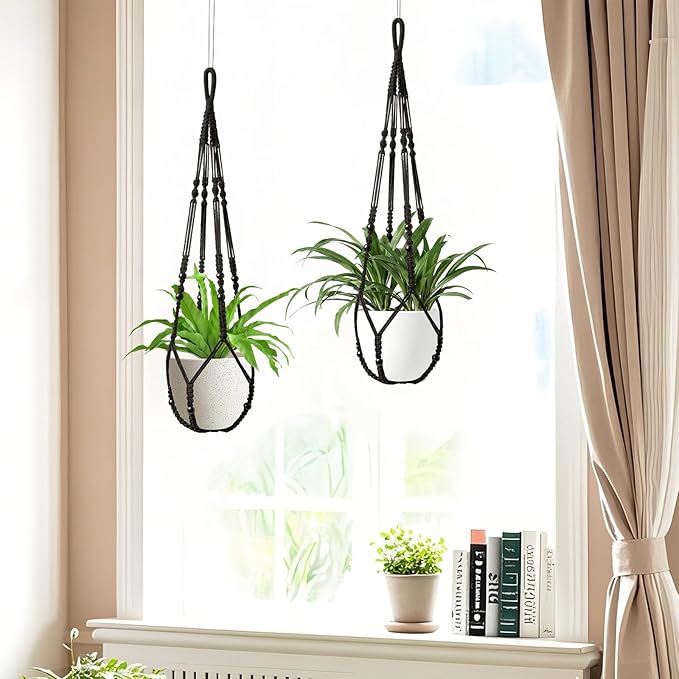 Macrame Plant Hanger Indoor Set of 4 with 8 Hooks, Indoor Outdoor Hanging Planter for Plants Holder with Decorative Wood Beads & No Tassels, Boho Home Decor, 35 Inch Black (Pots Not Included) Rootora