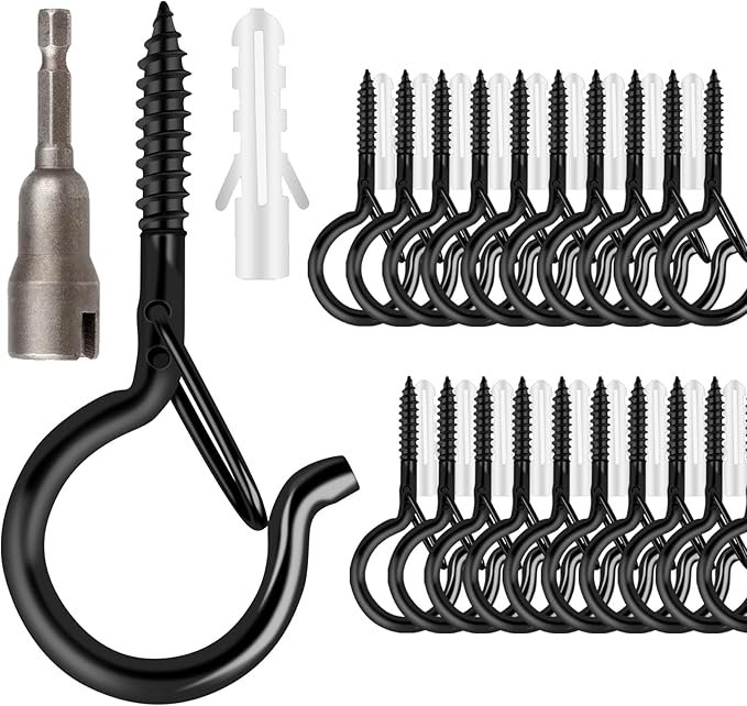 24 PCS Q-Hanger Hooks, Screw Hooks for Outdoor String Lights, Safety Buckle Design Cup Eye Hook for Hanging Christmas Lights, Plants, Wind Chimes, Mounted on Wall Ceiling, Include 1 Wing Nut Driver FSAH