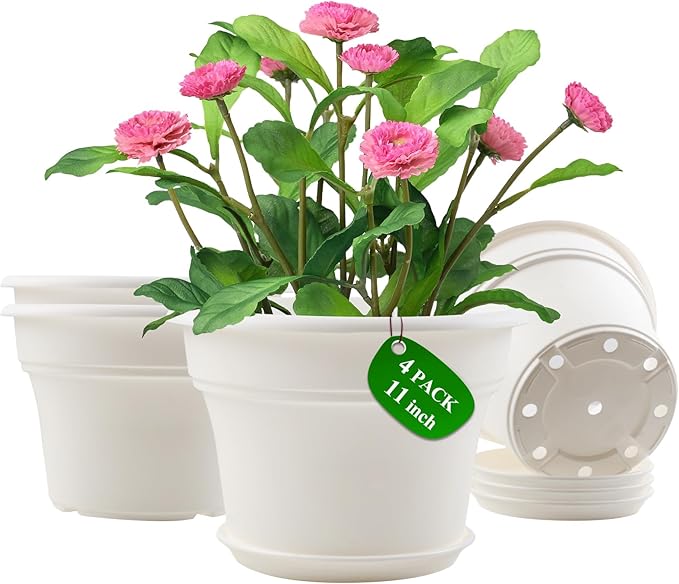 11 Inch Plastic-Flower-Pot-for-Indoor-Plants, 4 Pack Large Outdoor Planter Pot with Drainage Holes & Saucers, Resin Decorative Garden Pots Planters Pottiffe