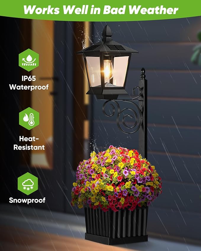 Outdoor Flower Pots 2 in 1, Solar Lamp Post with Planter, Metal Pole, Wall Mount/Standing Solar Planter Lights IP65 Waterproof, Decorative Lamp for Garden, Patio, Porch, 1-Pack (Flowers not Included) TOWPONICS