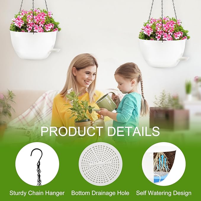12 inch Hanging Planters for Indoor Plants, 2 Pack Self-Watering Hanging Planter Pots with Chain and Drainage Holes, Outdoor Plastic Hanging Baskets for Garden Home Decor (White, 2pcs/12inch) Rootora