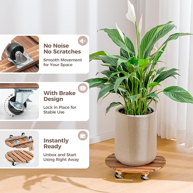 Bamworld14 Inch Wood Plant Caddy with Wheels – Heavy-Duty Plant Dolly with 240 Lbs Capacity, 360° Lockable Wheels for Large Plant Pots, Heavy Objects, Ideal for Indoor and Outdoor Use 2-Pack Bamworld