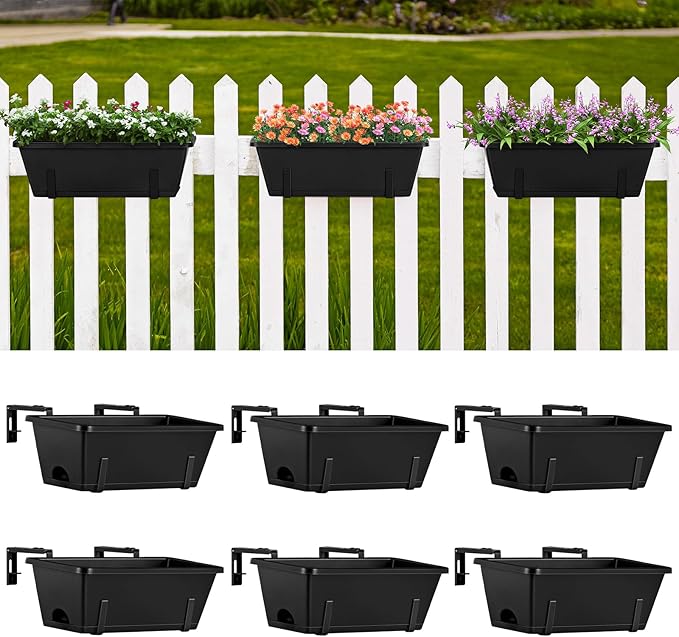 ETELI Railing Planter Hanging and Planter Box Brackets Set 6 Pack Adjustable Deck Window Boxes Planters with Drainage Holes for Garden Railing Fence, Black ETELI