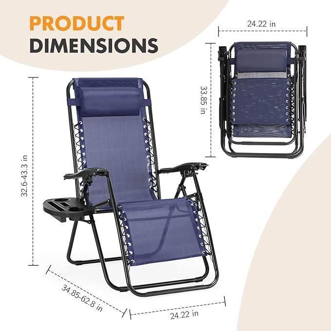 NEWBULIG Zero Gravity Chair Set of 4, Lounge Chair Folding Portable Adjustable Camping Reclining Chairs with Adjustable Pollow, Mesh Back, Cup Holder Trays Lawn Patio Chair for Pool Beach - Blue NEWBULIG