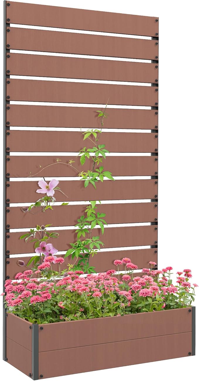 Outsunny Raised Garden Bed with Trellis for Climbing Plants, Planter Box with Self Draining Gap, Freestanding Trellis Planter for Outdoor, Patio, Deck, 35.75" x 15" x 70.75", Light Brown Outsunny