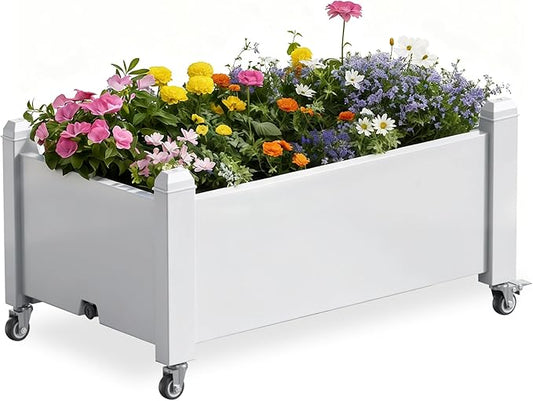 Raised Garden Bed with Wheels, 14 Gallon Self-Watering Raised Planter Box with Drainage Plug & Gauge for Vegetables Flowers Herbs Succulents, Rustproof Resin for Backyard Patio Porch (Ashen) OutdoorLivingPerfected