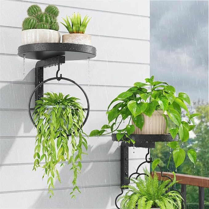 iDavosic.ly Wall Plant Holder Set of 2 for Outdoor with Drain Hole, Metal Hanger with 2 Hooks, Floating Flower Display Stand for Window, Space Saving & Easy to Assemble (Pots/Plants Not Included) iDavosicly