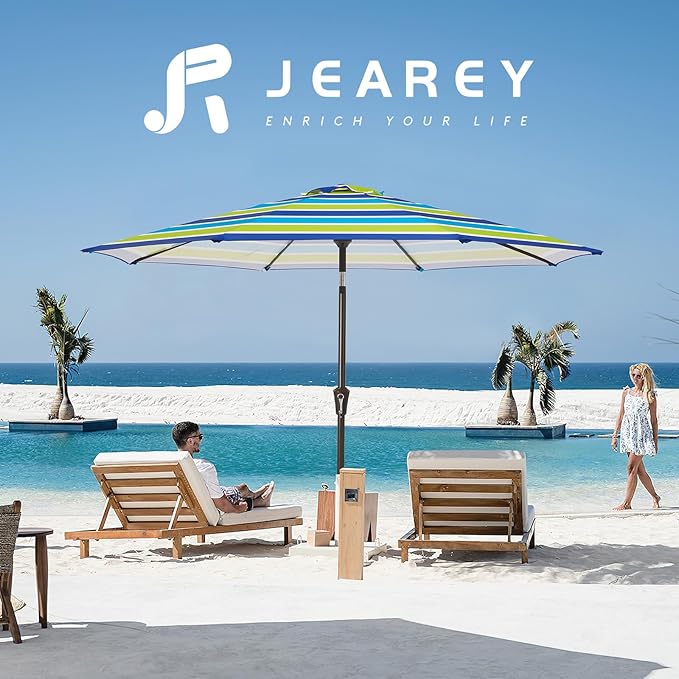 JEAREY 9FT Outdoor Patio Umbrella Outdoor Table Umbrella with Push Button Tilt and Crank, Market Umbrella 8 Sturdy Ribs UV Protection Waterproof for Garden, Deck, Backyard, Pool (Blue-Green Stripe) JEAREYOutdoorsCollection