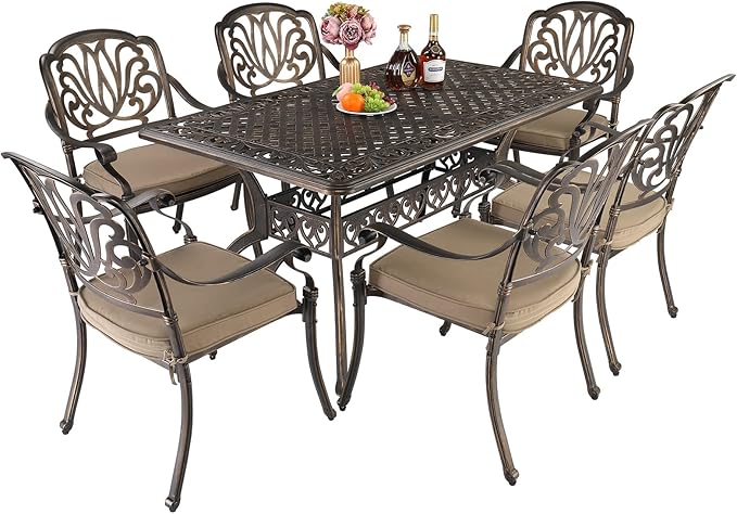VINGLI 7 Pieces Outdoor Dining Set, Cast Aluminium All-Weather Patio Dining Set for 6 with Umbrella Hole, Outdoor Dining Table and Chairs with Cushion for Yard, Garden, Porch and Poolside, Bronze VINGLI