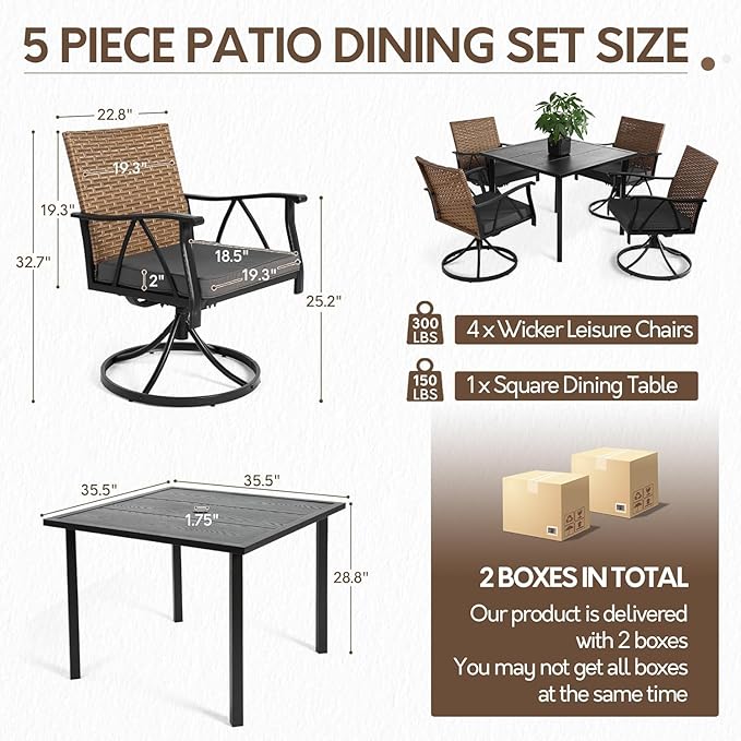 5-Piece Patio Dining Set for 4，Outdoor Dining Set with Wicker Swivel Patio Dining Chairs with Cushions & 1 Black Square Woodgrain Dining Table with 1.75”Market Umbrella Hole, Black & Brown Andehomy