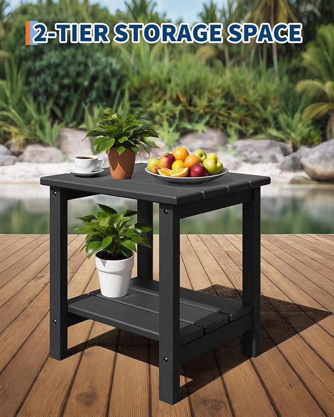 GarveeLife Adirondack Outdoor Side Table 18 x 15 in, HDPE 2-Tier Patio Side Tables for Outside, All-Weather End Table for Patio Pool Deck Indoor Backyard, Black GarveeLife