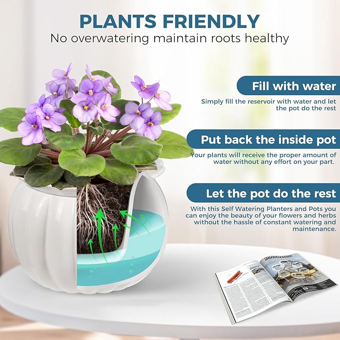 BUYMAX African Violet Pots, 6 inch Pumpkin-Style Ceramic Easy Self Watering Plant Pot for Busy Plant Lovers, Automatically Absorb Appropriate Amount of Water, Flower Pot Indoor-Plants Not Included BUYMAX